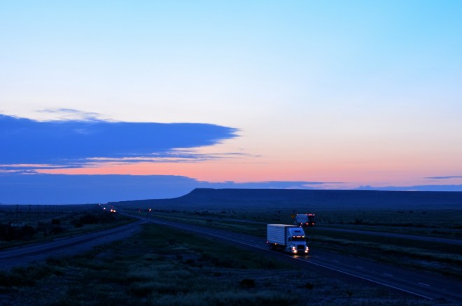 Trucks passing each other West of Fort Stockton