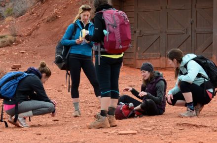 young women trekkers at rr stop